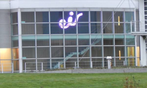 Built Up colour changing LED sign at Eir showing pink light