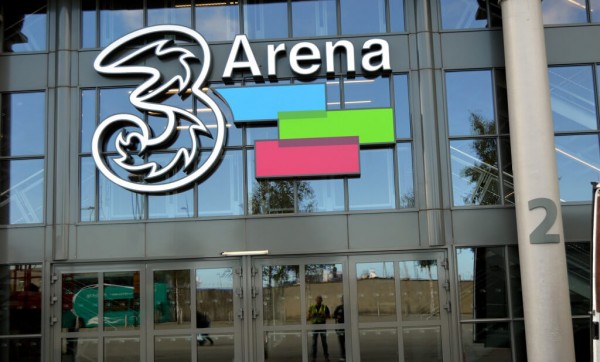A built up LED sign showing the 3 logo at the front of the 3 arena in Dublin