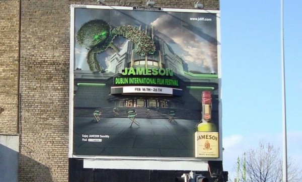 bespoke solution created for Jameson film festival which displays 3d text and a cinema image with a 3d bottle of jameson