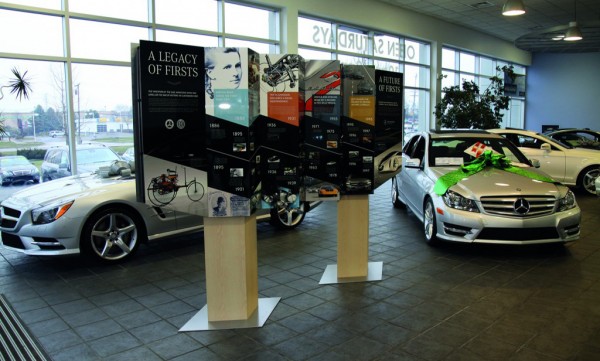 Chromaluxe Aluminium Photo Panels adapted to create a 3D display with information on it displayed at a Mercedes Garage
