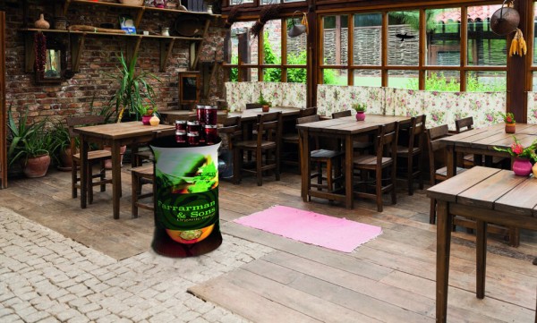 Fabric Counter Display systems with a message and holding bottles in a room