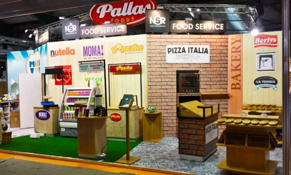 An exhibitions display featuring different food brands