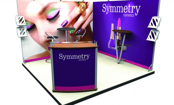 modular exhibitions display featuring striking fabric graphics of a woman and beauty products