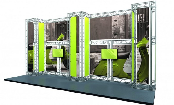 modular exhibitions display that looks similar to a stage with only one wall the uses fabric graphics to portray a close up of a scooter