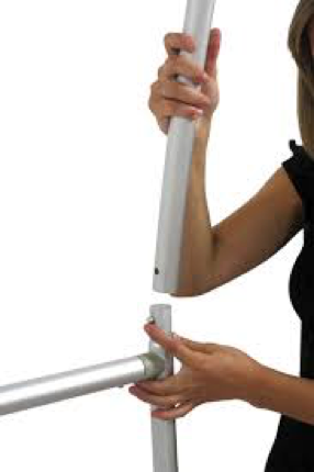 Woman showing how simple it is to assemble a fabric stand