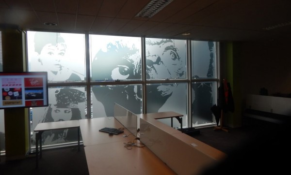 Indoor Window Graphic at Virgin Media Offices with an image of ET